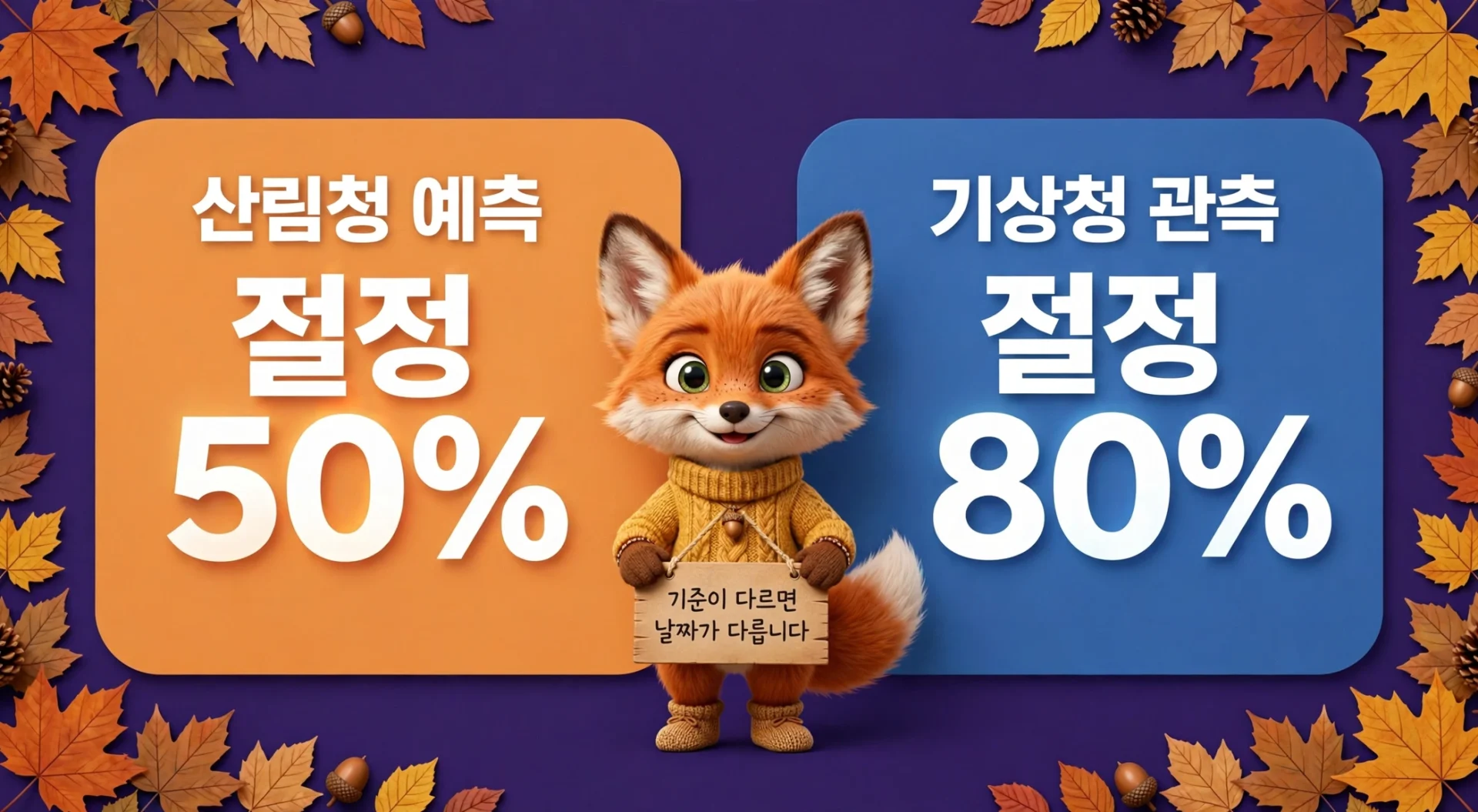 산림청 예측 절정 50%와 기상청 관측 절정 80% 비교 — 기준이 다르면 날짜가 다릅니다