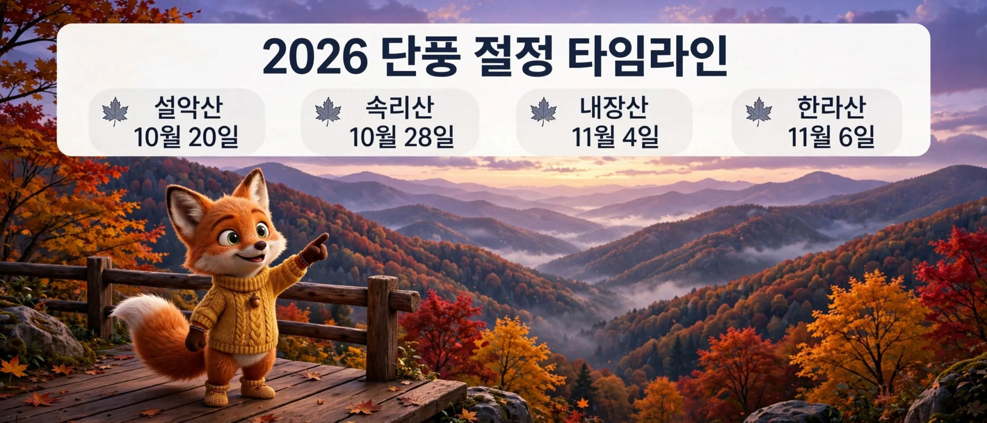 2026 단풍 절정 타임라인 — 설악산 10월 20일, 속리산 10월 28일, 내장산 11월 4일, 한라산 11월 6일