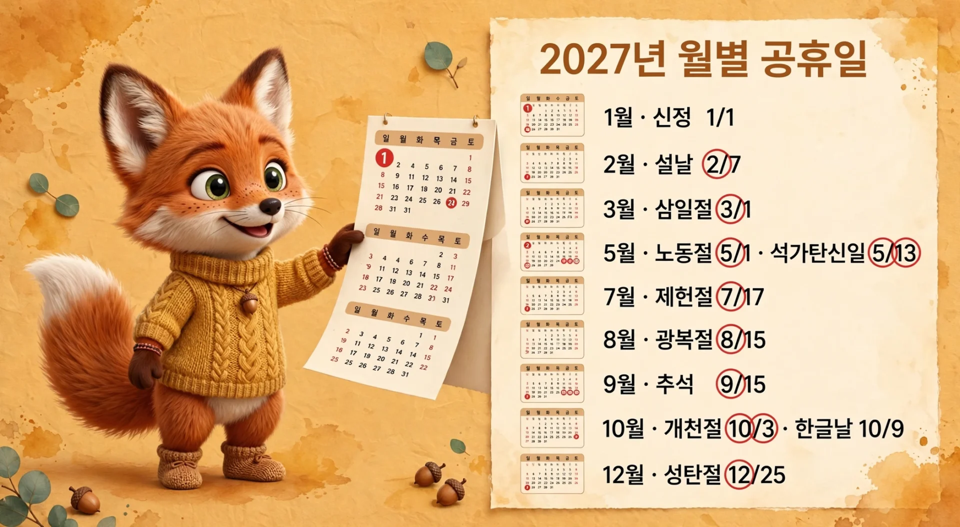 2027년 월별 공휴일 정리 이미지