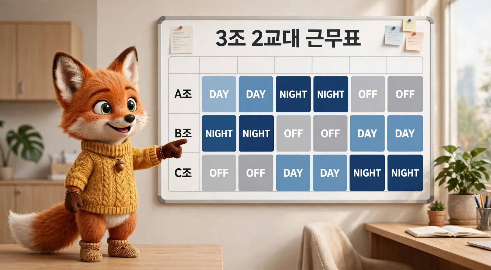 근무표 보드를 가리키며 3조 2교대 순환을 설명하는 여우 캐릭터
