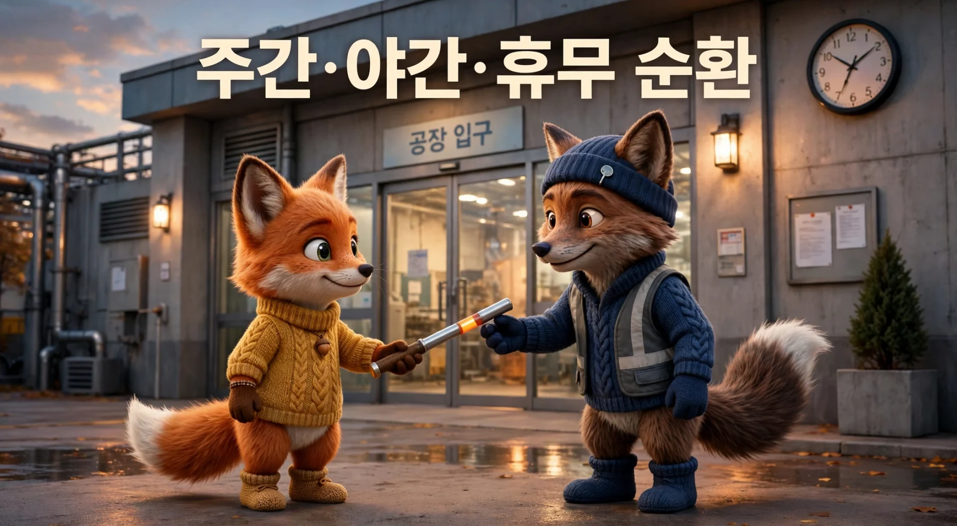 공장 입구에서 교대 근무를 인수인계하는 여우 캐릭터