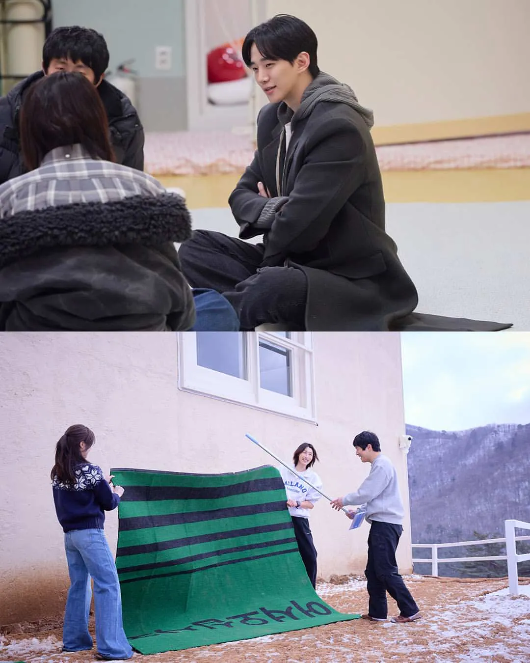대환장 기안장 시즌2 9~10회에서 출연자들이 대화하는 장면과 외부에서 담요를 펼치는 모습이 담긴 이미지. 10월 6일 오후 5시에 최종회가 방송될 예정임을 알리는 콘텐츠와 관련됨.