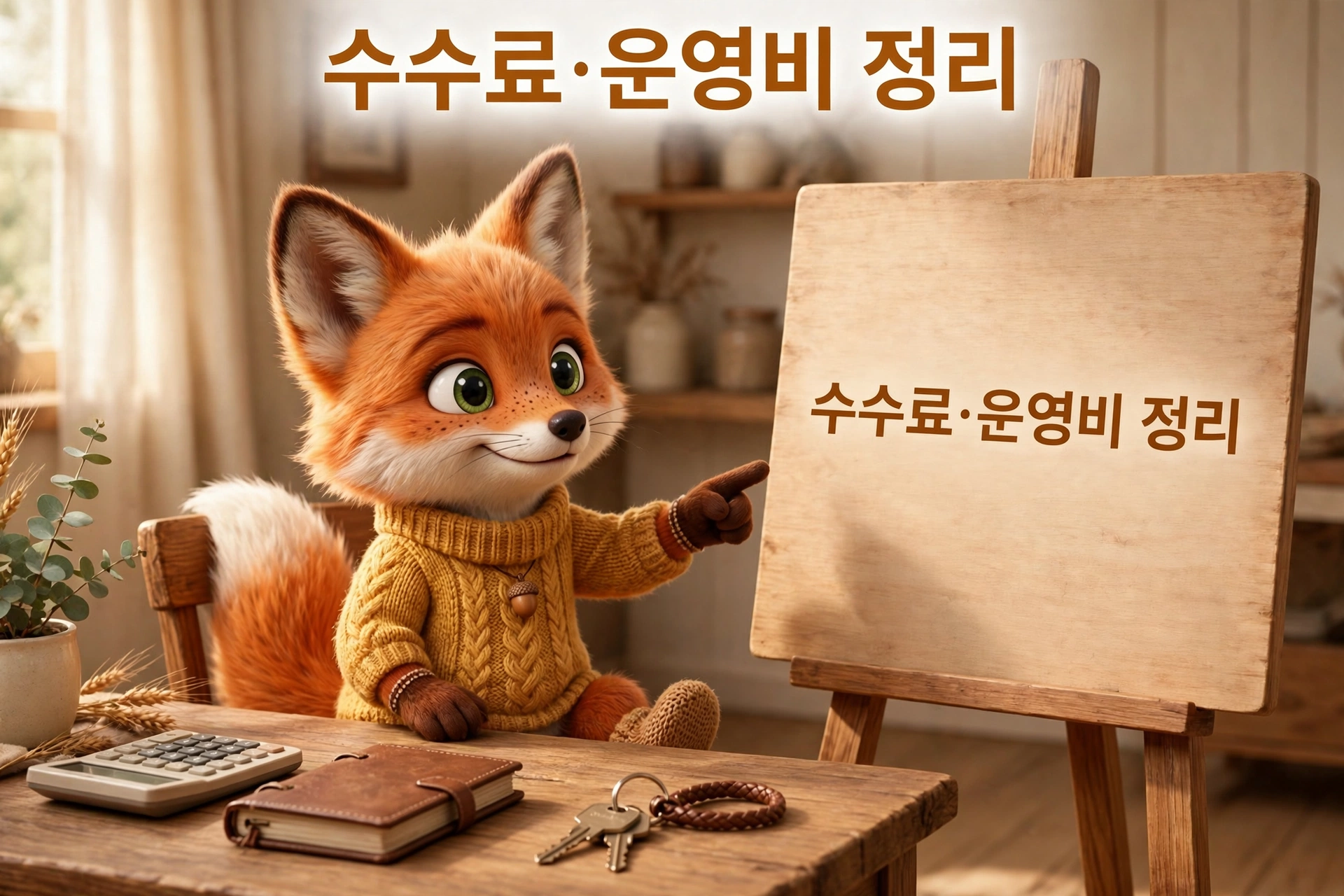 계산기와 장부, 열쇠가 있는 책상에서 수수료·운영비 정리를 안내하는 여우 캐릭터 일러스트