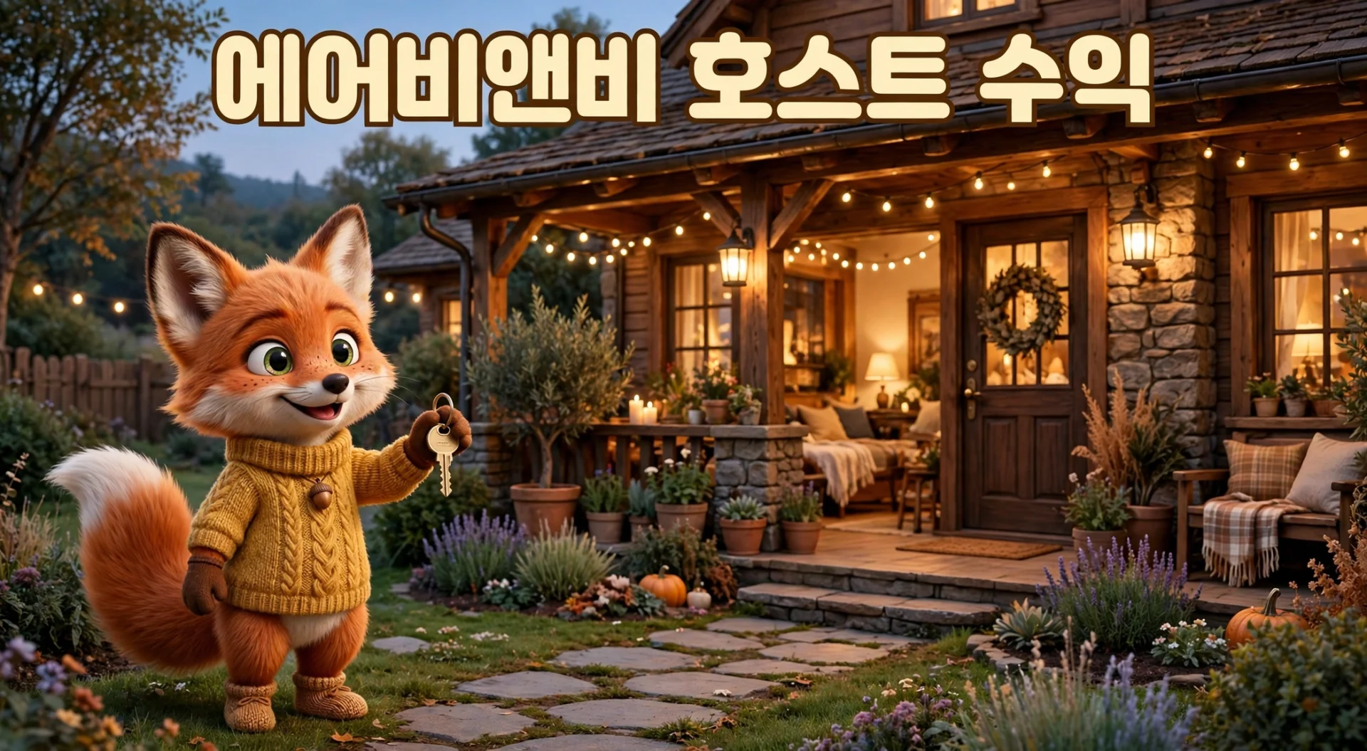 게스트하우스 입구에서 열쇠를 들고 에어비앤비 호스트 수익을 안내하는 여우 캐릭터 일러스트