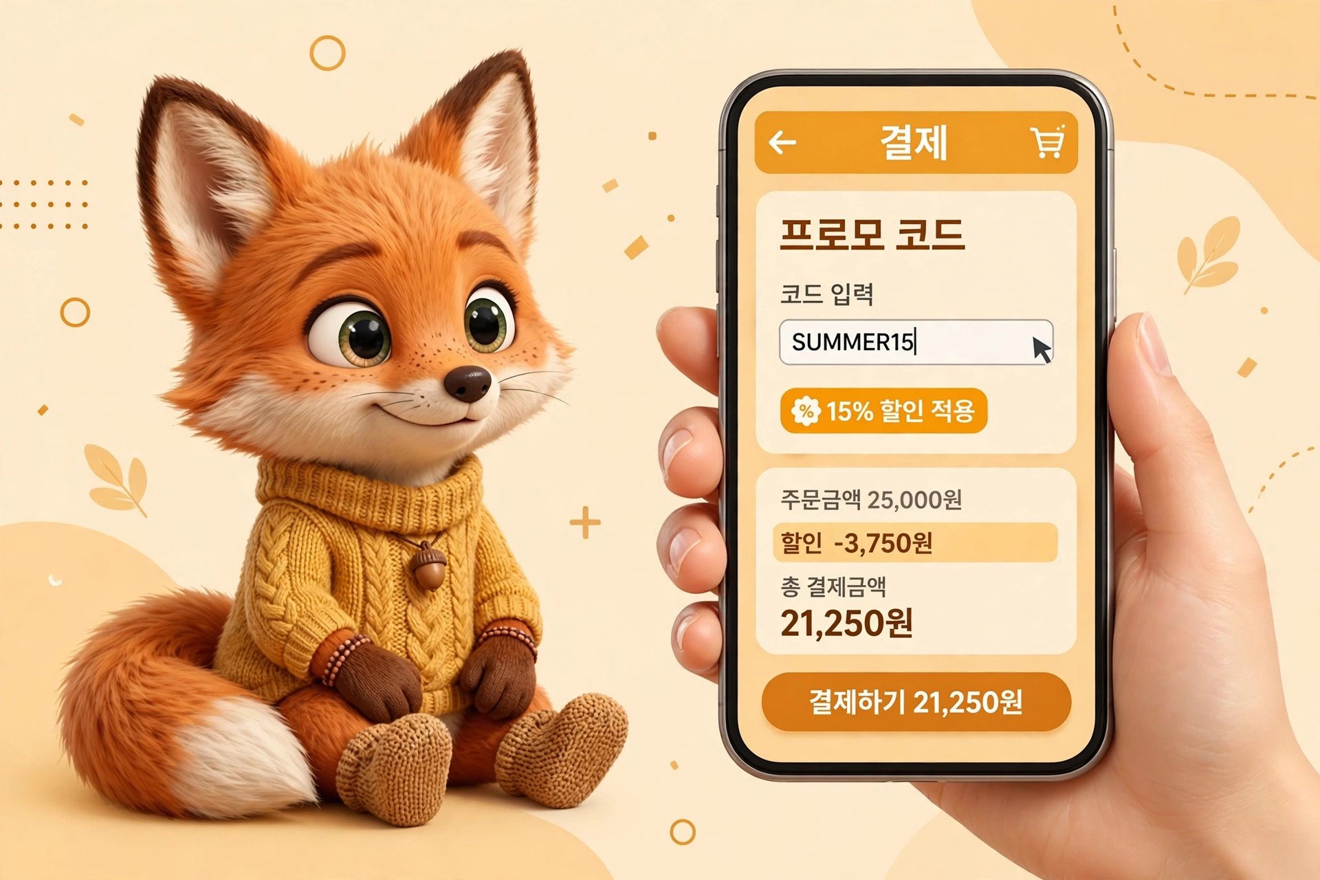 귀여운 여우 캐릭터와 함께 프로모션 코드 'SUMMER15'를 입력하여 15% 할인 혜택을 받는 스마트폰 결제 화면. 주문 금액 25,000원에서 3,750원 할인 후 총 결제액은 21,250원.