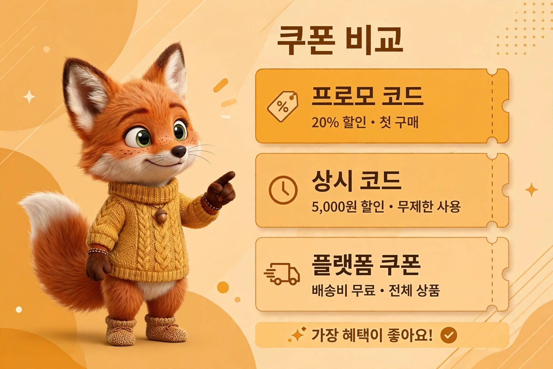 귀여운 여우 캐릭터가 노란색 스웨터를 입고 손가락을 가리키며 쿠폰 할인 정보를 소개하는 이미지. 프로모 코드는 첫 구매 시 20% 할인, 상시 코드는 5,000원 할인 및 무제한 사용 가능, 플랫폼 쿠폰은 무료 배송 혜택을 제공.
