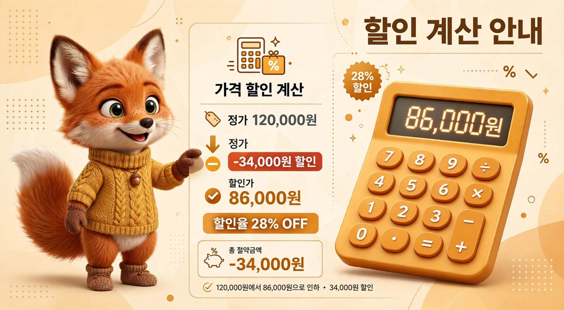 귀여운 여우 캐릭터가 주황색 스웨터를 입고 할인 계산 안내를 하고 있는 이미지. 정가 120,000원이 34,000원 할인되어 86,000원으로 제공되며, 할인율은 28%입니다.