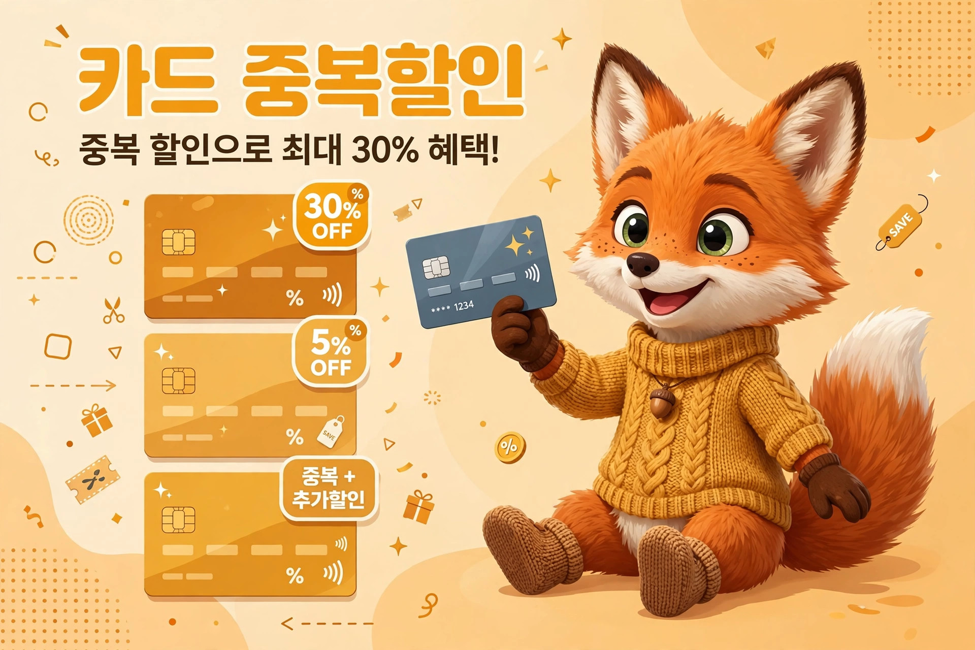 귀여운 여우 캐릭터가 카드를 들고 있으며, 카드 중복할인 이벤트를 홍보하는 이미지. 최대 30% 할인 혜택과 추가 할인 정보를 포함하고 있습니다. 밝고 따뜻한 색감으로 디자인된 배경.