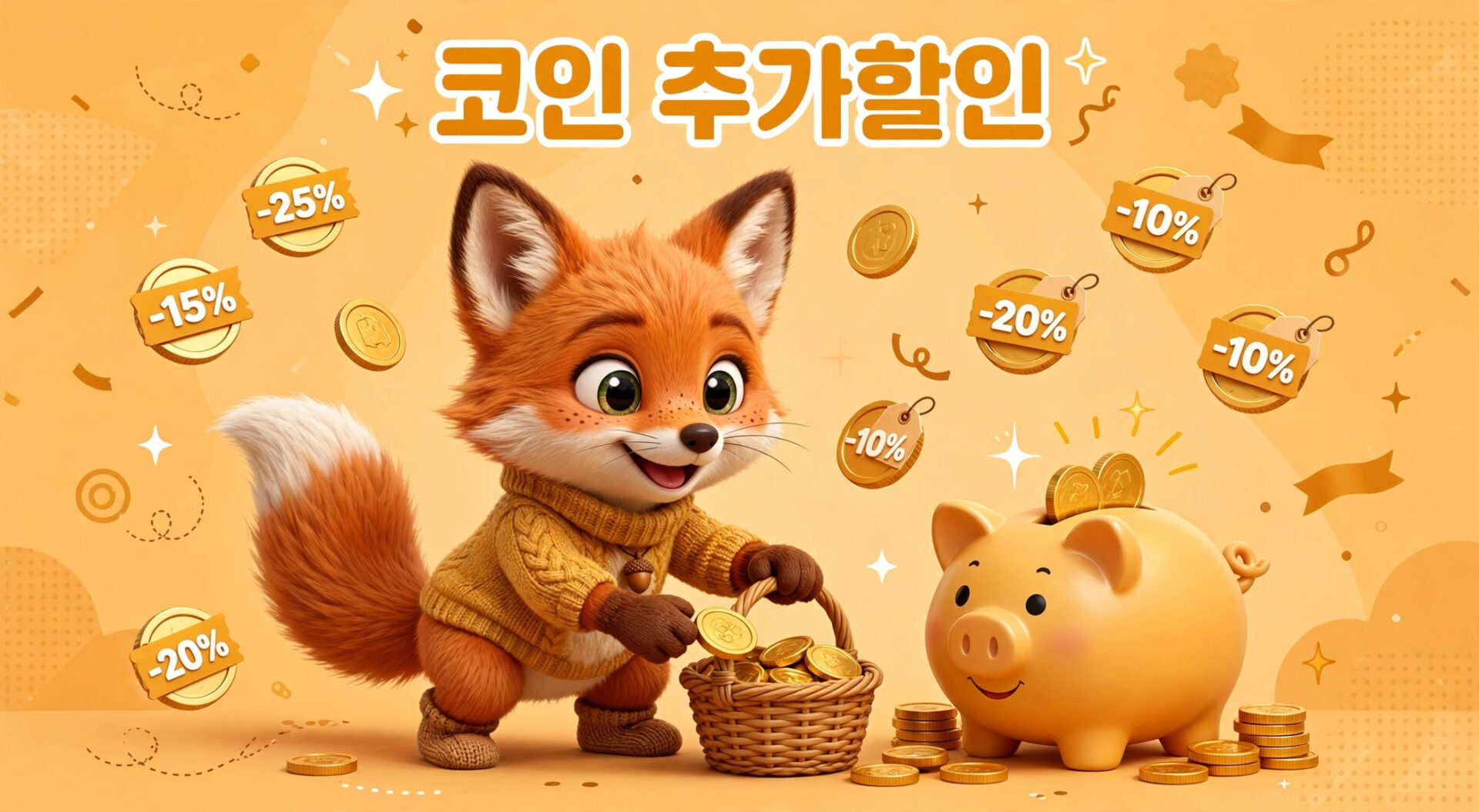 코인 추가할인 이벤트를 홍보하는 이미지로, 귀여운 여우가 금화를 담은 바구니를 들고 있고, 돼지 저금통 위에 동전이 놓여 있다. 할인율이 적힌 금화와 함께 밝고 경쾌한 배경이 특징이다.