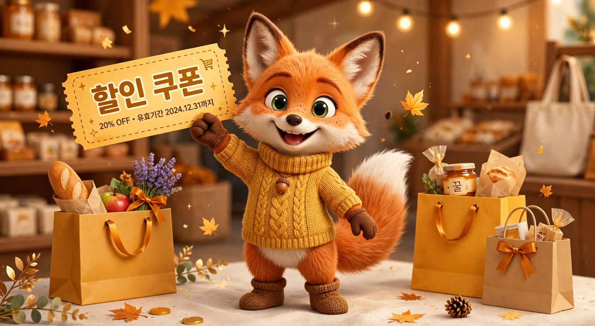 귀여운 여우 캐릭터가 20% 할인 쿠폰을 들고 있는 모습, 배경에는 다양한 식료품과 장식이 가득한 아늑한 가게의 내부가 보입니다. 쿠폰 유효기간은 2024년 12월 31일까지입니다.