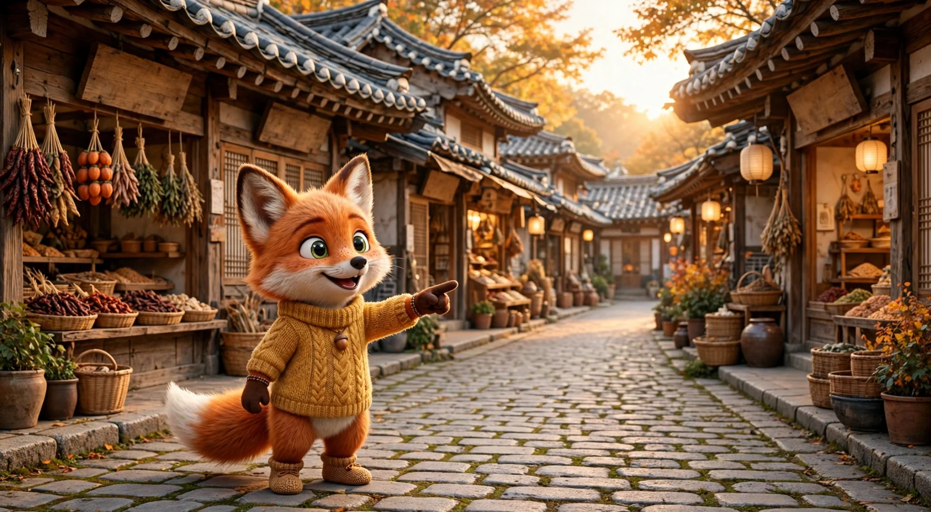 전통 상점가 골목에서 오래된 가게들을 가리키는 FoxCG 여우 캐릭터 - 백년가게 안내 일러스트