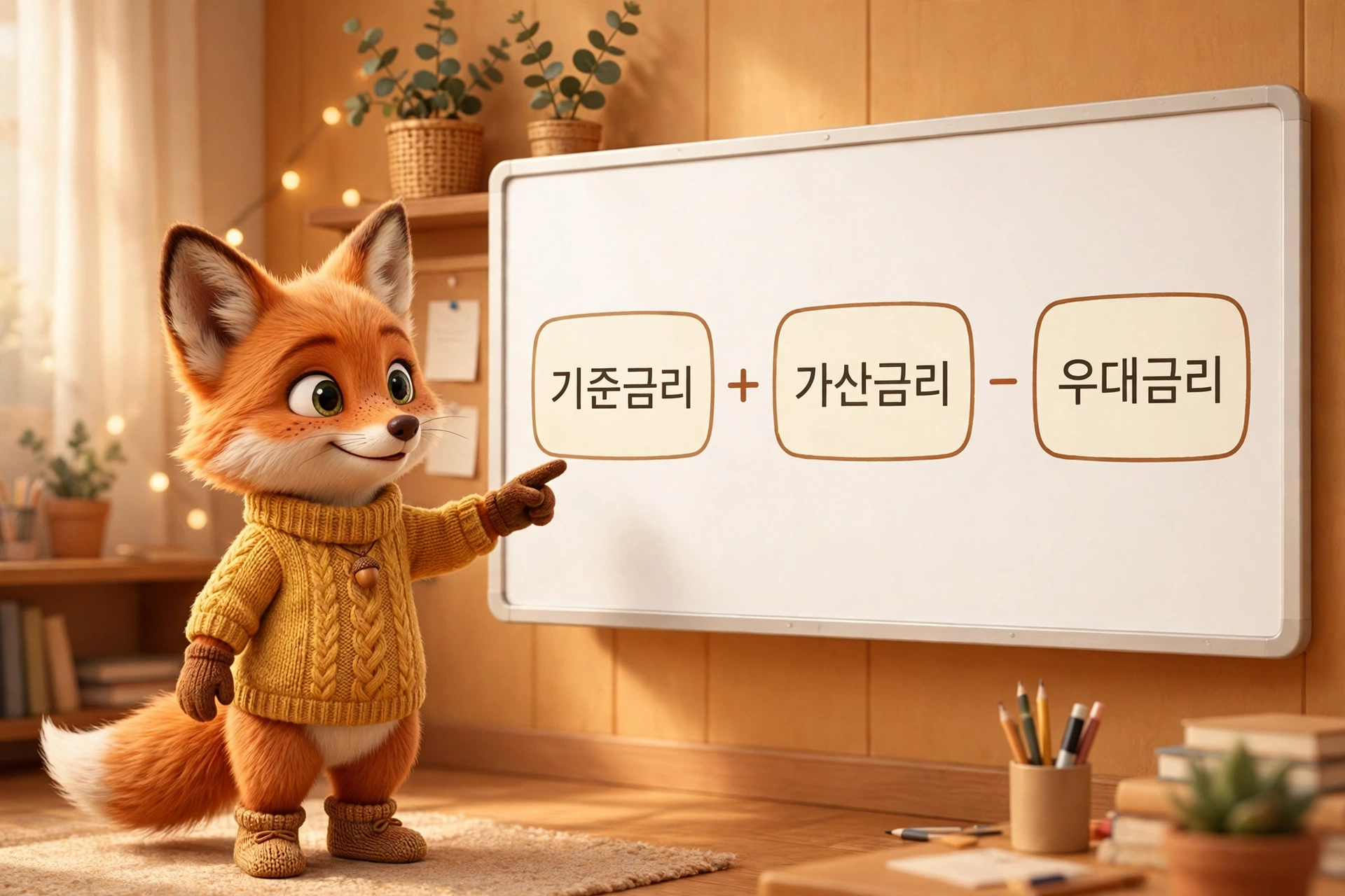 기준금리에 가산금리를 더하고 우대금리를 빼는 대출금리 구조를 설명하는 여우 캐릭터