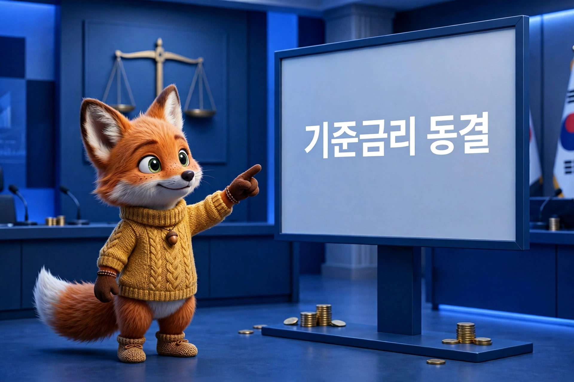 한국은행 기준금리 동결 결정을 발표 보드 앞에서 설명하는 여우 캐릭터