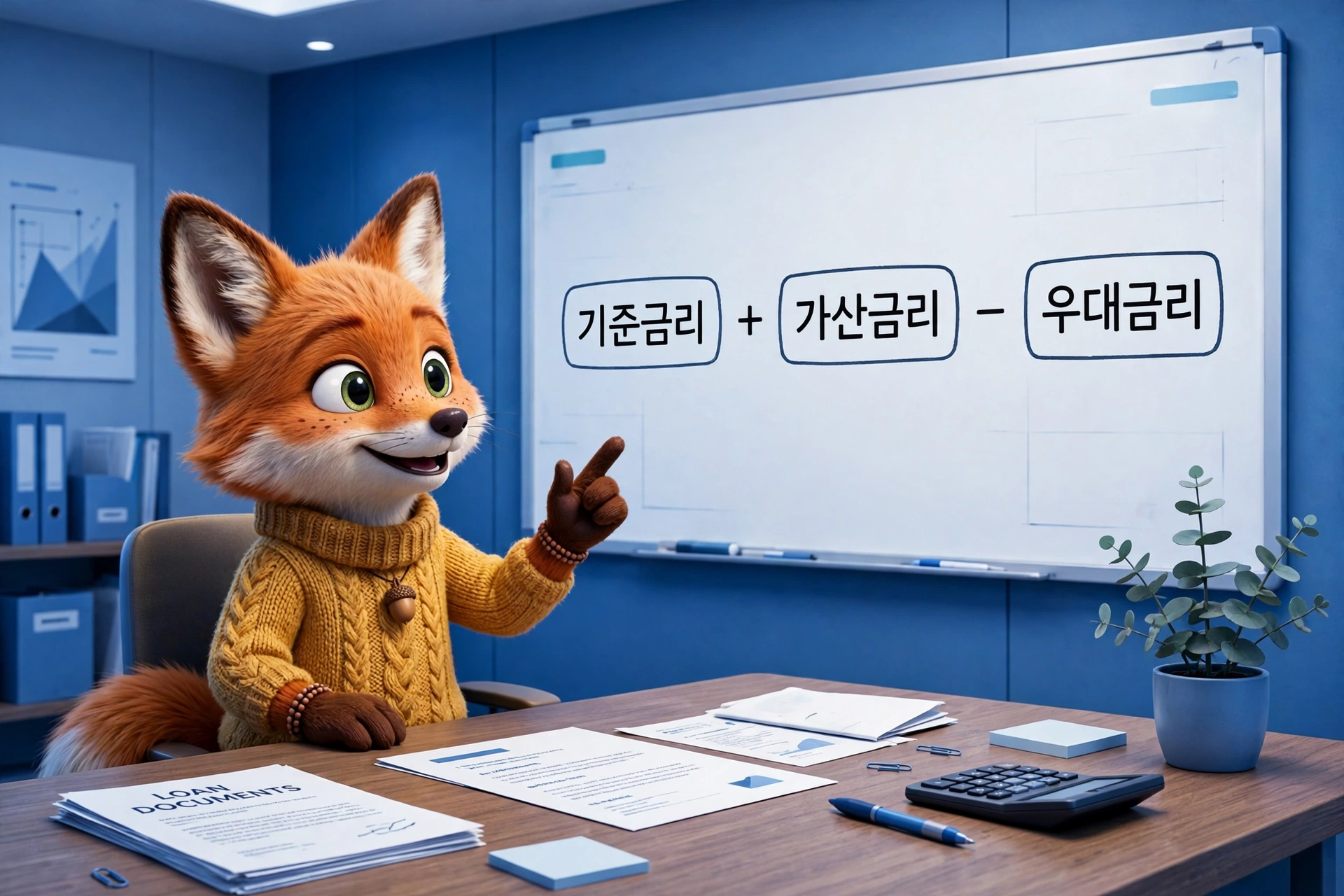 기준금리에 가산금리를 더하고 우대금리를 빼는 대출금리 구조를 설명하는 여우 캐릭터