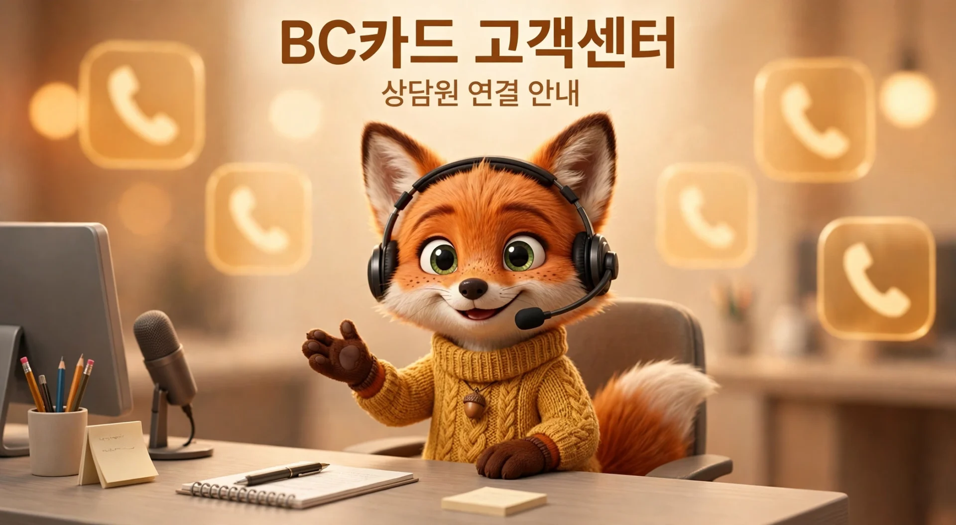 BC카드 고객센터 상담원 연결 안내 이미지 (헤드셋을 쓴 여우 상담원)