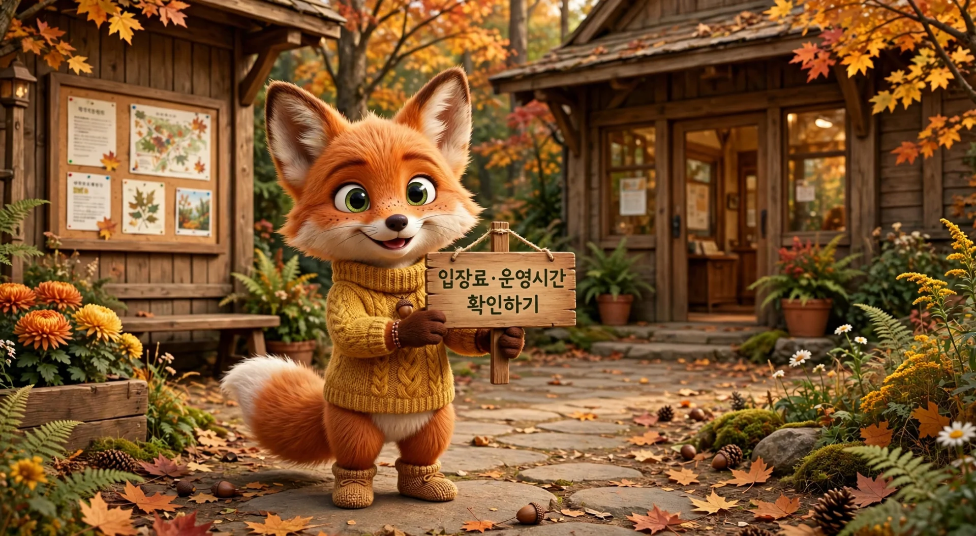 백두대간수목원 입장료·운영시간 안내 - 가을 단풍 수목원 앞에서 여우 캐릭터가 안내판을 들고 있음
