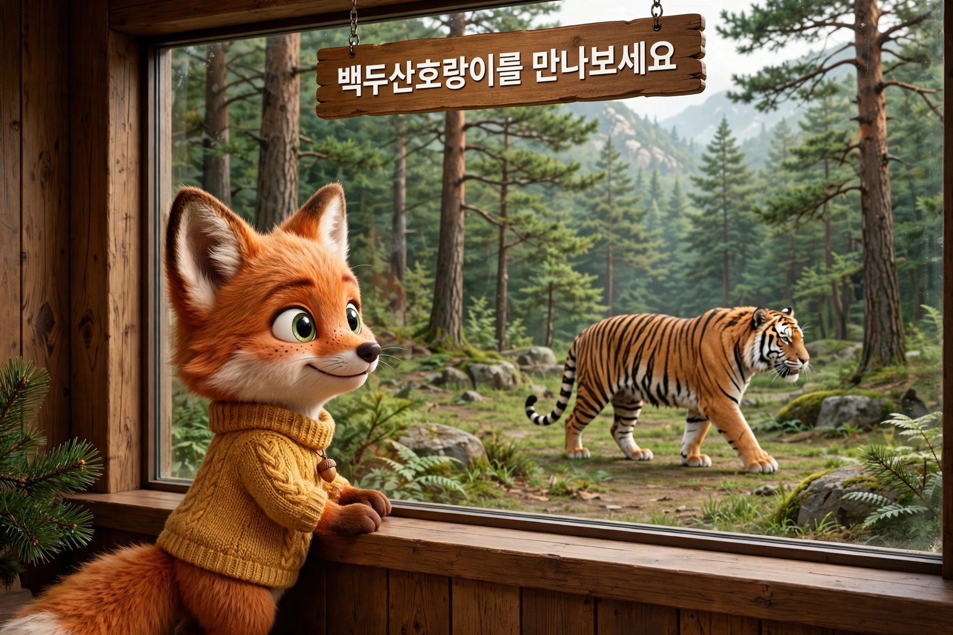 백두대간수목원 호랑이숲 - 유리창 너머 백두산호랑이를 바라보는 여우 캐릭터