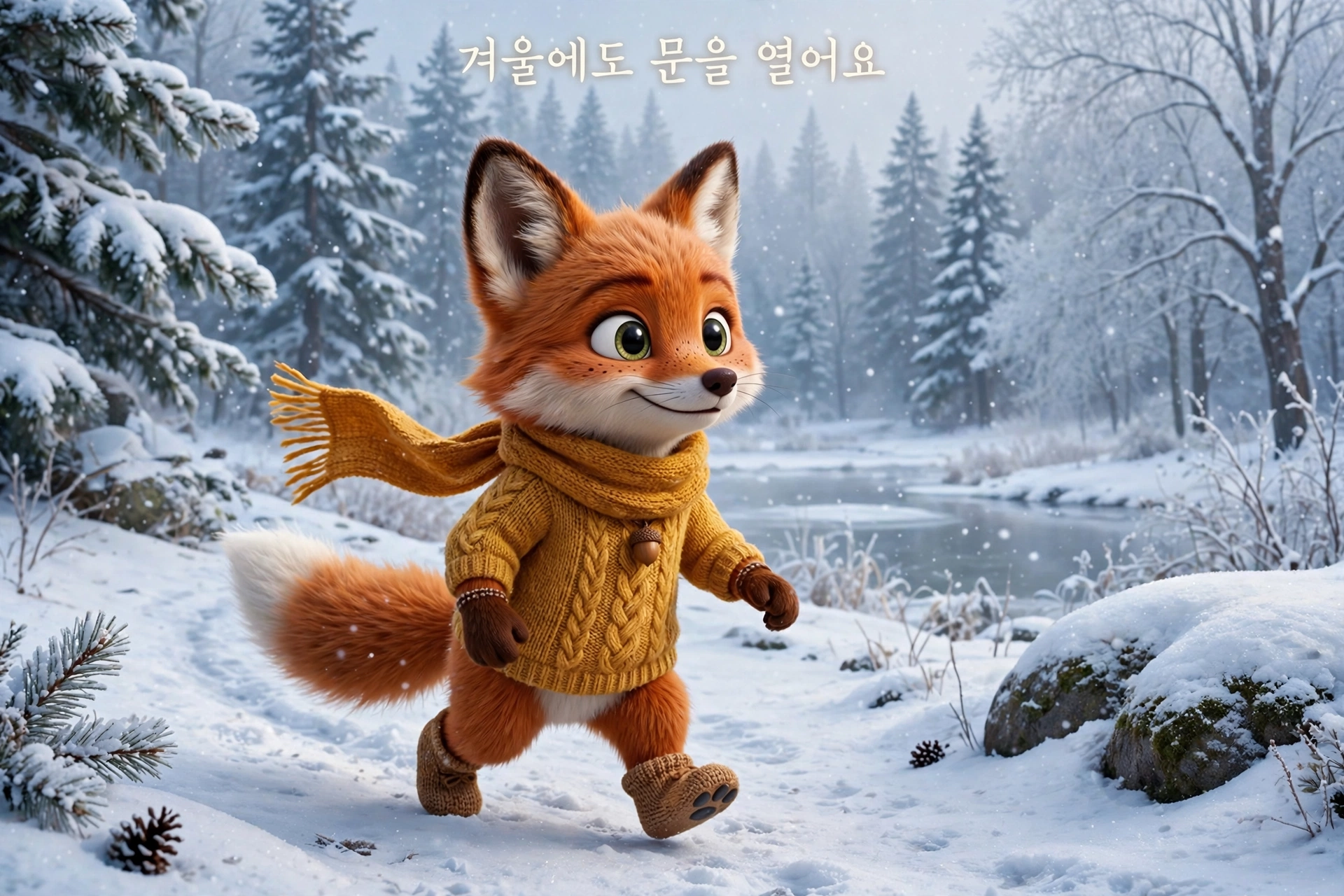 백두대간수목원 겨울 방문 가이드 - 눈 내리는 겨울 숲길을 걷는 여우 캐릭터