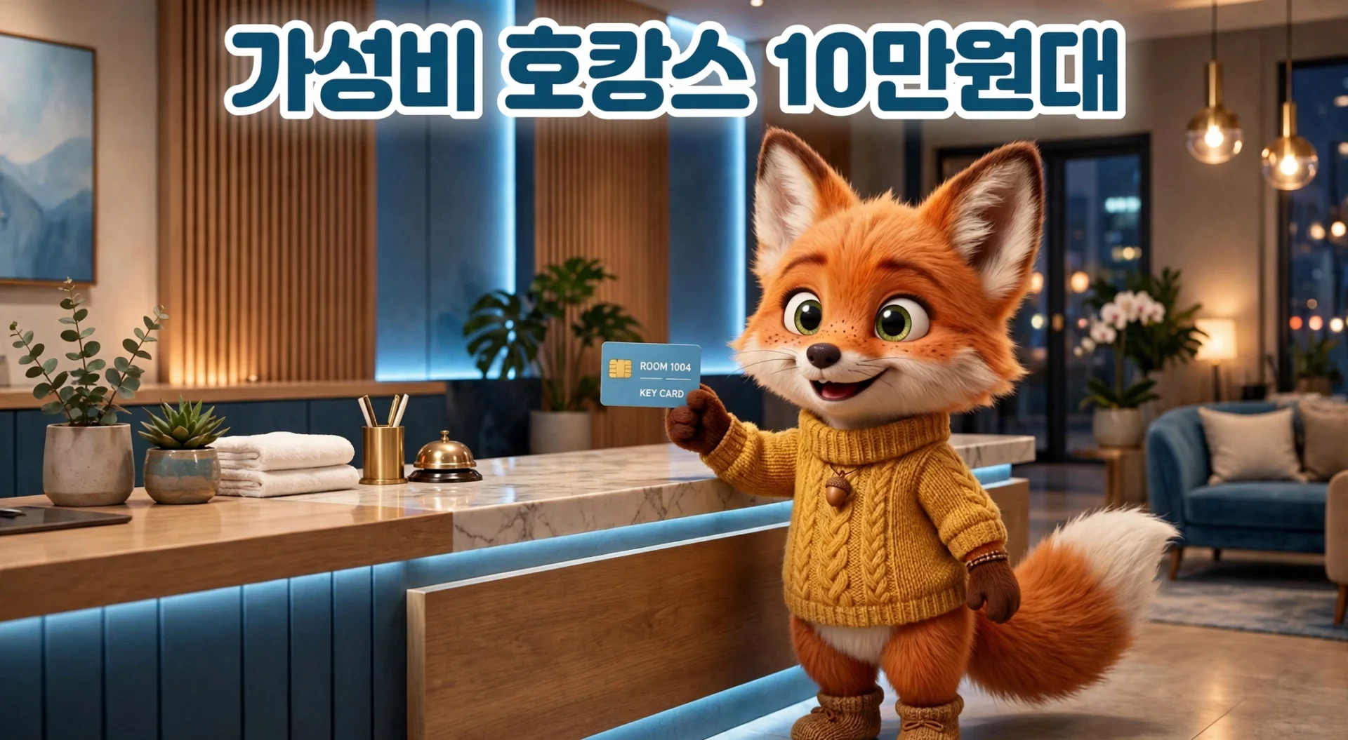 가성비 호캉스를 즐기는 귀여운 여우 캐릭터가 호텔 리셉션에서 객실 키 카드를 들고 있는 모습. 현대적인 인테리어와 아늑한 분위기가 강조된 이미지.