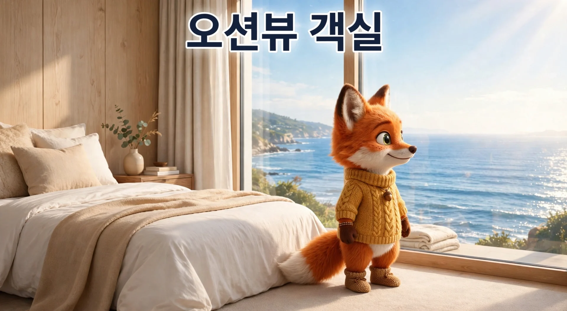 오션 뷰가 보이는 객실에서 귀여운 여우 캐릭터가 서 있는 모습. 바다와 자연 경관이 잘 보이는 창가 옆에 위치. 아늑한 침대와 식물 장식이 있는 인테리어.