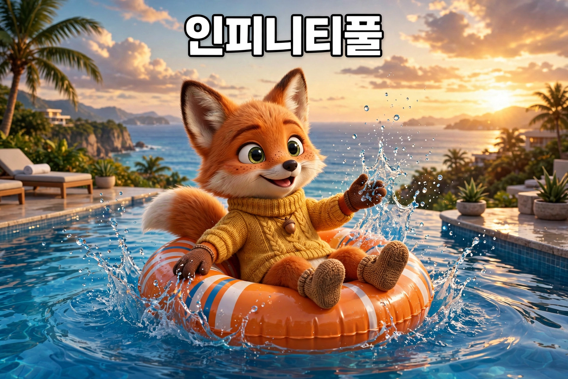 귀여운 여우 캐릭터가 수영장에서 튜브에 앉아 물을 튀기며 즐거운 시간을 보내고 있는 모습. 배경에는 해변과 석양이 보임.