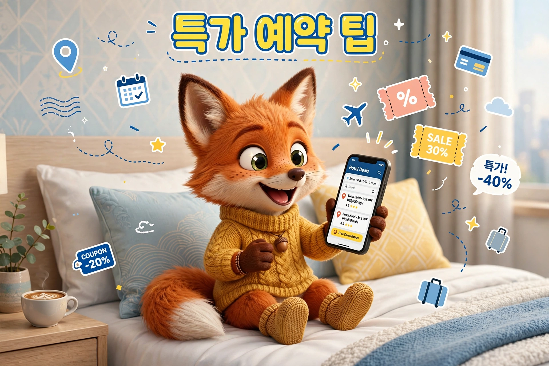 귀여운 여우 캐릭터가 노란 스웨터를 입고 침대에 앉아 스마트폰으로 호텔 예약 정보를 확인하고 있는 모습. 배경에는 여행 관련 아이콘과 할인 정보를 담은 그래픽 요소들이 포함되어 있어 예약 팁을 강조하고 있음.