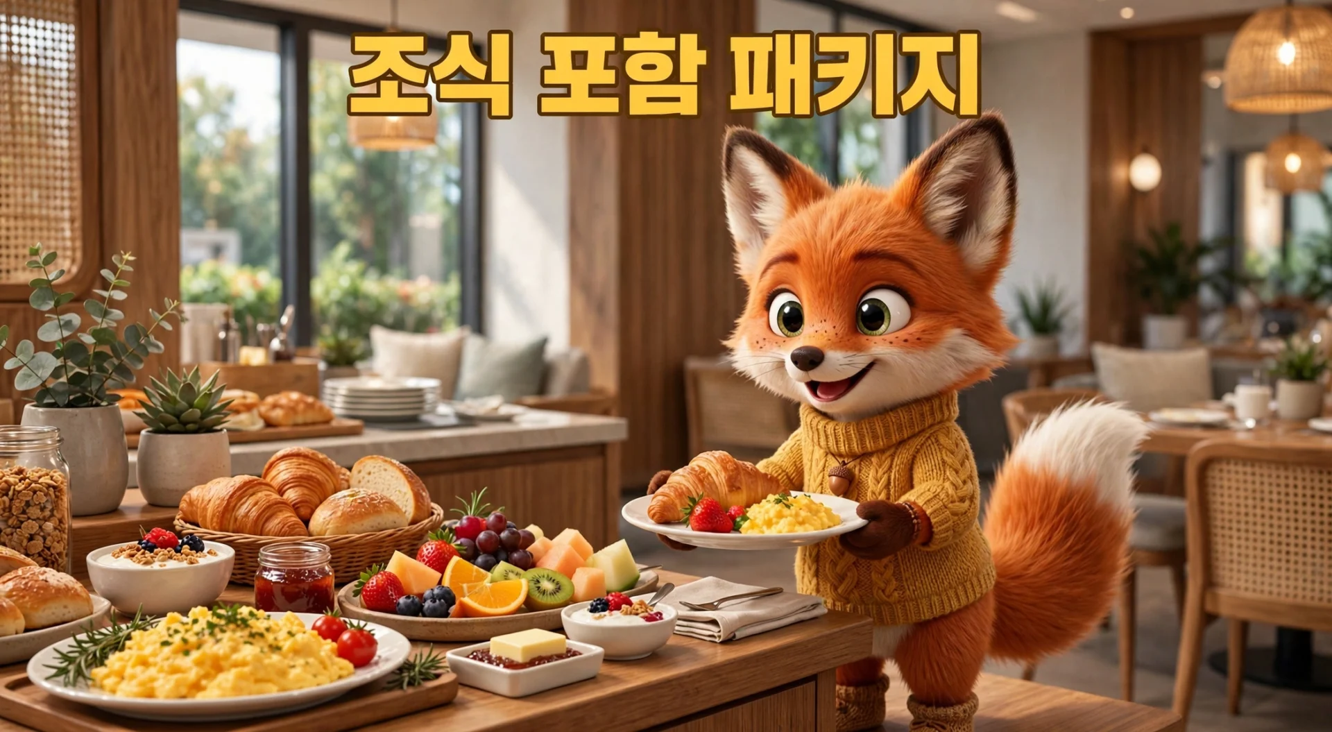 아침식사를 들고 있는 귀여운 여우 캐릭터와 다양한 음식이 있는 테이블. 신선한 과일, 크로와상, 스크램블 에그, 요거트, 그래놀라가 포함된 조식 패키지 홍보 이미지. 밝고 아늑한 레스토랑 분위기.