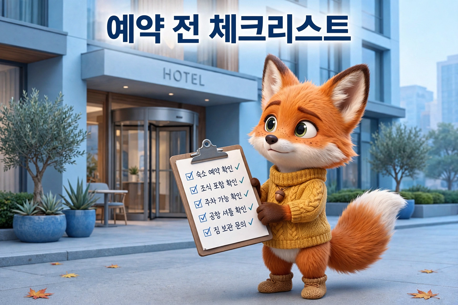 호텔 앞에서 체크리스트를 들고 있는 귀여운 여우 캐릭터. 체크리스트에는 숙소 예약 확인, 조식 포함 확인, 주차 가능 확인, 공항 셔틀 확인, 집 보관 문의 항목이 적혀 있음. 배경은 현대적인 호텔 건물과 나무가 있는 풍경.