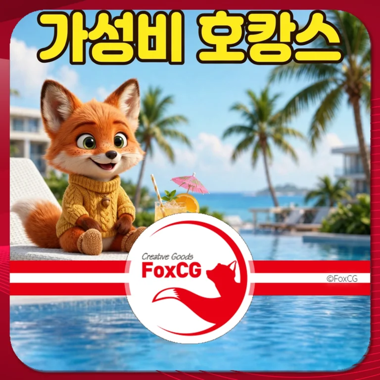 가성비 호캉스를 즐기는 귀여운 여우 캐릭터가 수영장 옆에서 음료를 마시며 미소를 짓고 있는 이미지. 배경에는 야자수와 해변이 보이며, 호캉스의 여유로운 분위기를 전달합니다.