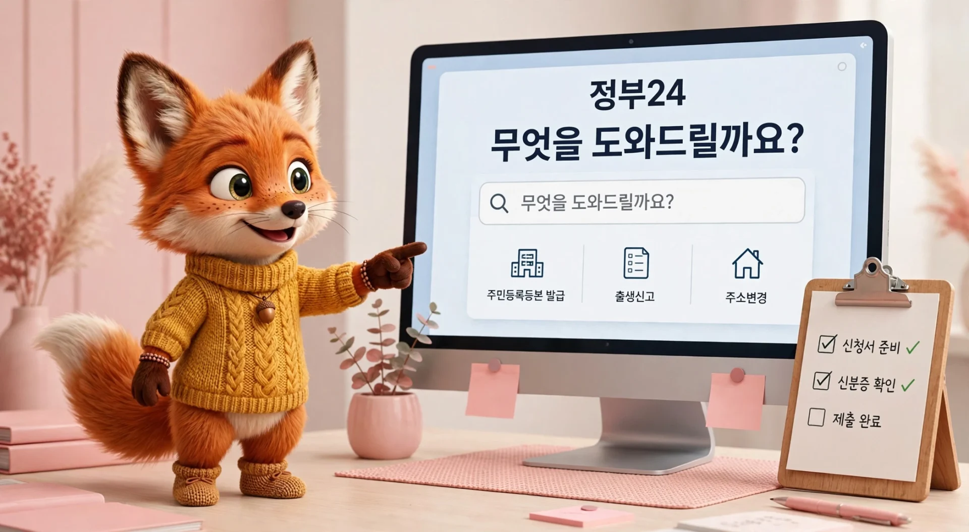 정부24 화면 앞에서 건축물대장 발급을 안내하는 여우 캐릭터
