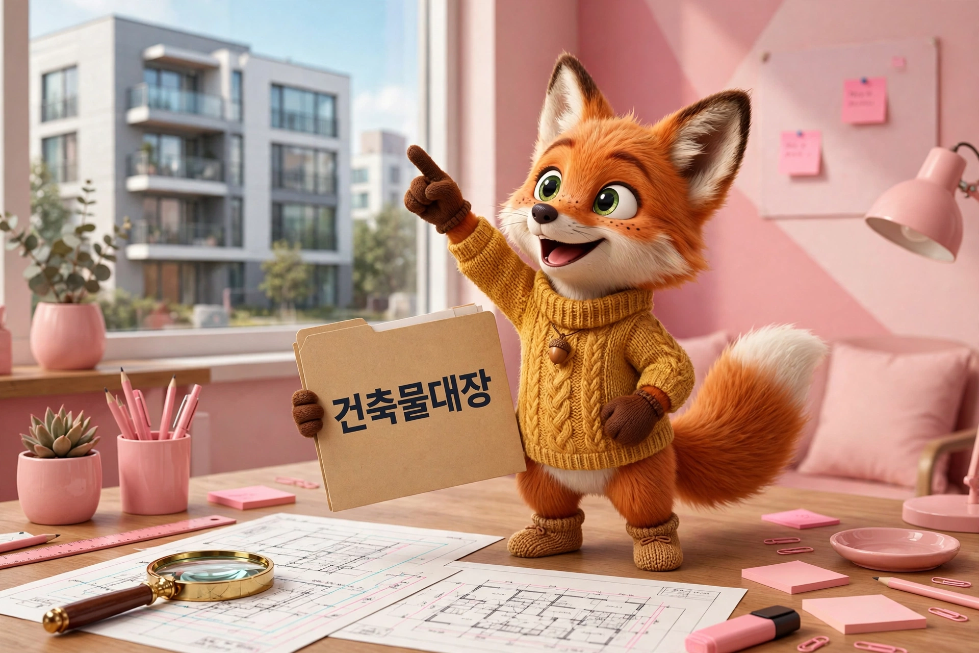 건축물대장 서류를 들고 건물을 가리키는 여우 캐릭터