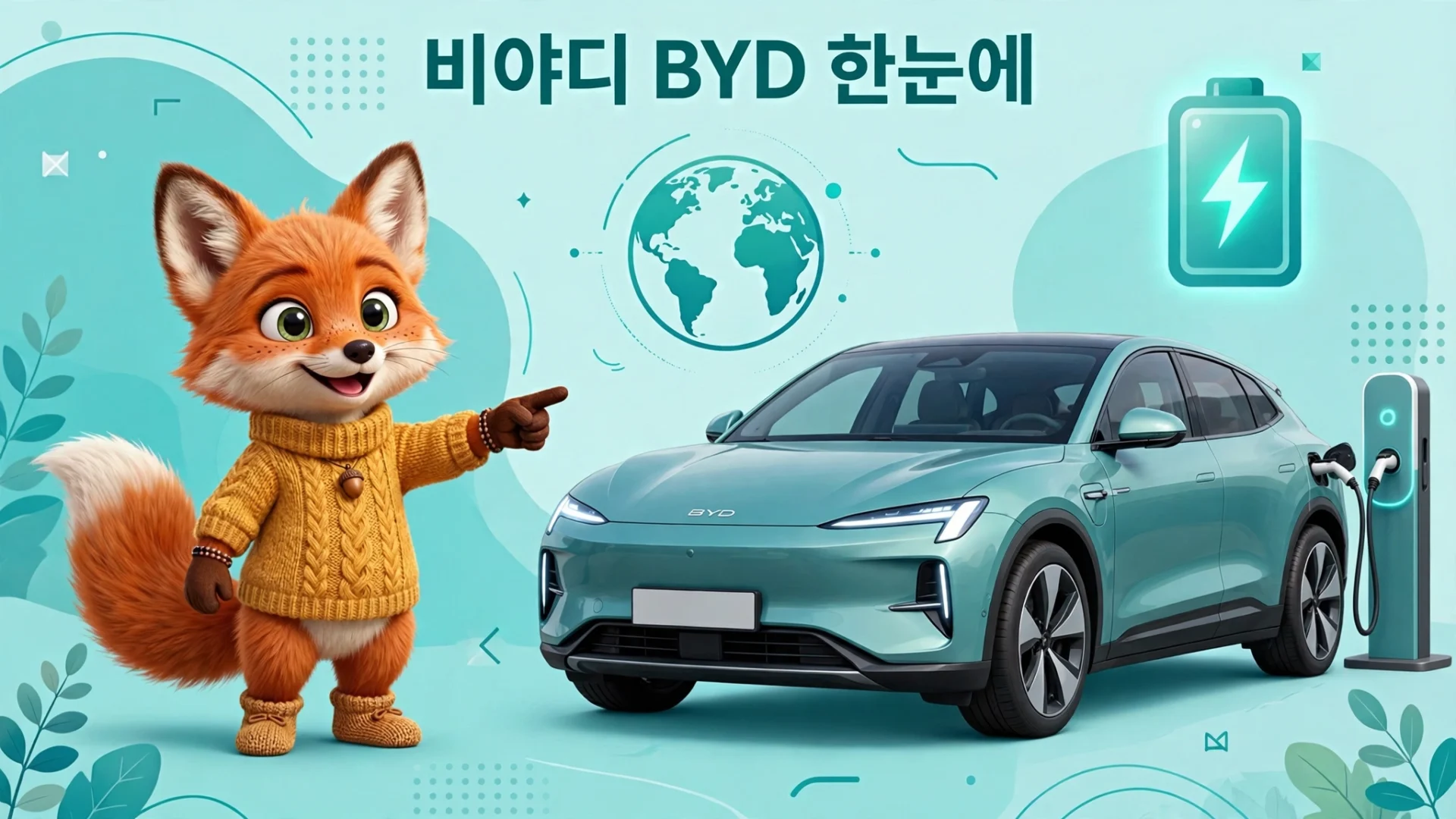 비야디 BYD 브랜드 한눈에 — 전기차와 충전 인프라를 소개하는 여우 캐릭터