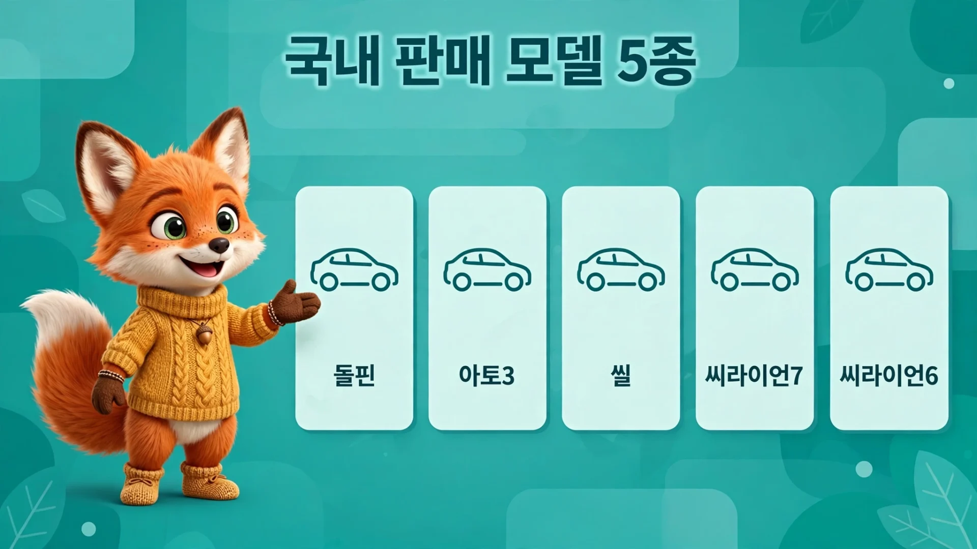 비야디 국내 판매 모델 5종 — 돌핀·아토3·씰·씨라이언7·씨라이언6을 소개하는 여우 캐릭터