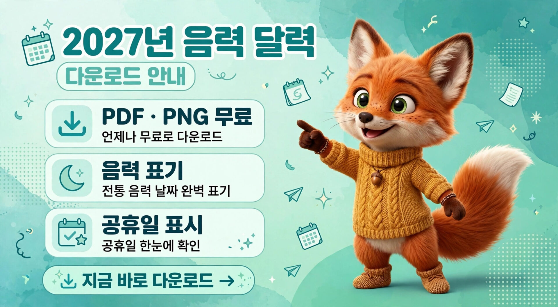 2027년 음력 달력 다운로드 안내 이미지, PDF 및 PNG 파일 무료 제공, 음력 날짜와 공휴일 확인 가능. 귀여운 여우 캐릭터가 등장하여 사용자에게 다운로드를 유도하는 디자인.