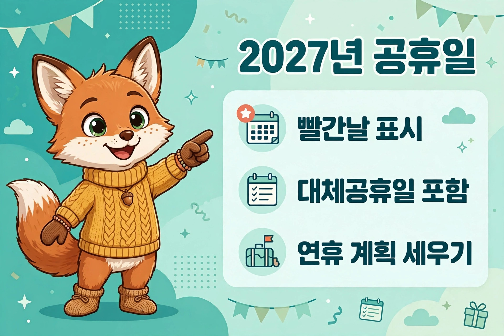 2027년 공휴일 안내, 귀여운 여우 캐릭터가 빨간날, 대체공휴일, 연휴 계획 세우기를 설명하는 이미지.