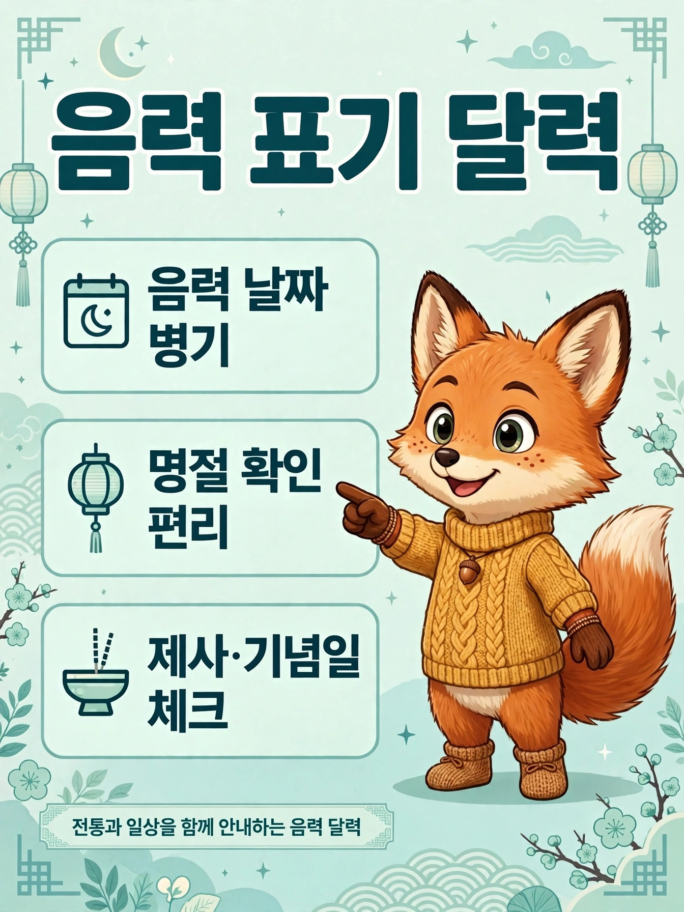 음력 달력 안내 이미지, 음력 날짜 병기, 명절 확인 편리, 제사 및 기념일 체크 기능 포함. 전통과 일상을 함께하는 음력 달력 디자인.