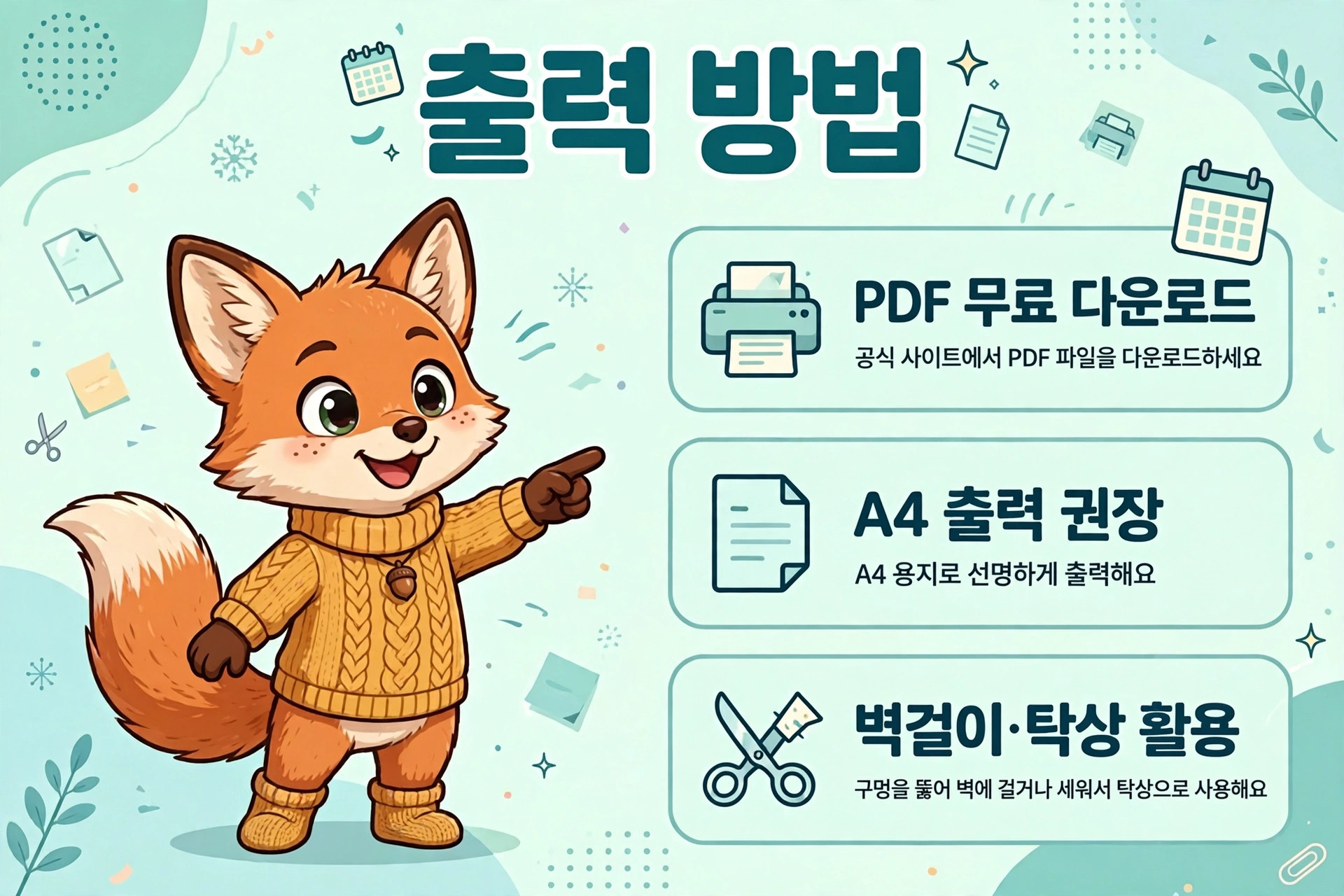 출력 방법을 안내하는 이미지로, 귀여운 여우 캐릭터가 PDF 무료 다운로드, A4 출력 권장, 벽걸이·탁상 활용 방법을 설명하고 있습니다. 배경은 부드러운 색상으로 구성되어 있습니다.