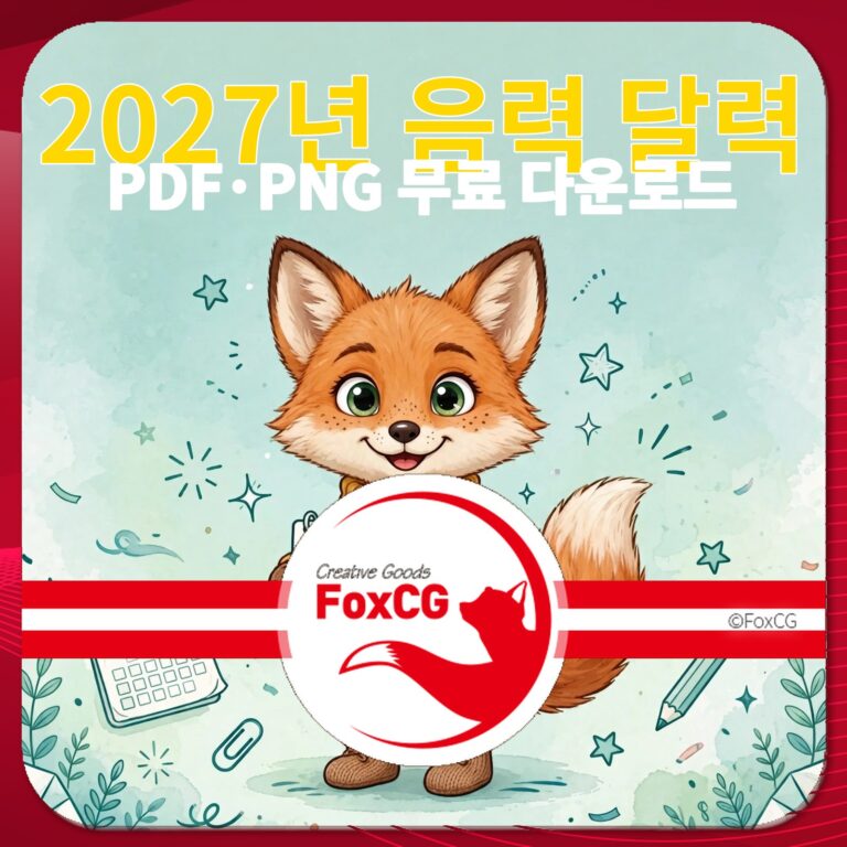 2027년 음력 달력 다운로드 안내 이미지, PDF 및 PNG 파일 무료 제공, 귀여운 여우 캐릭터와 배경 디자인 포함.