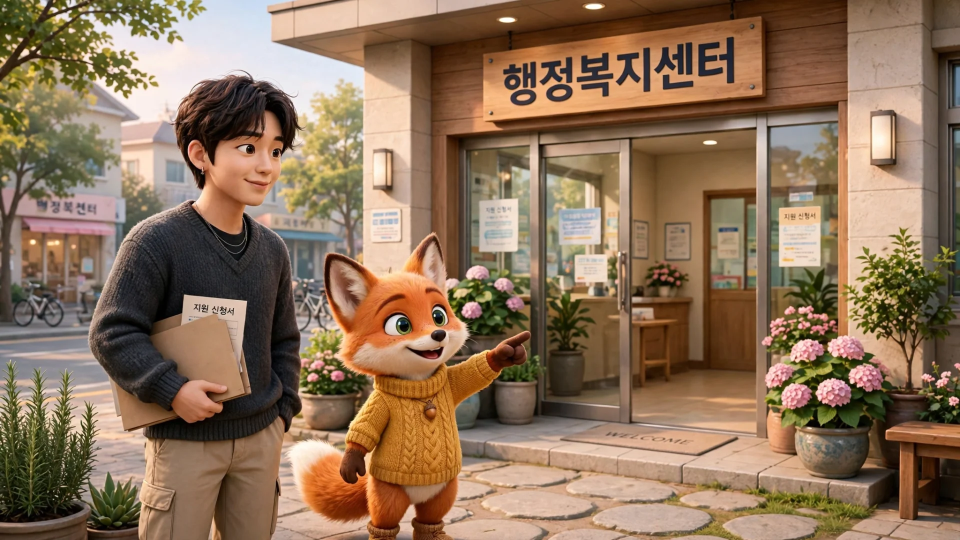 보호종료아동 자립지원금 신청을 위해 행정복지센터를 찾은 청년과 여우 캐릭터
