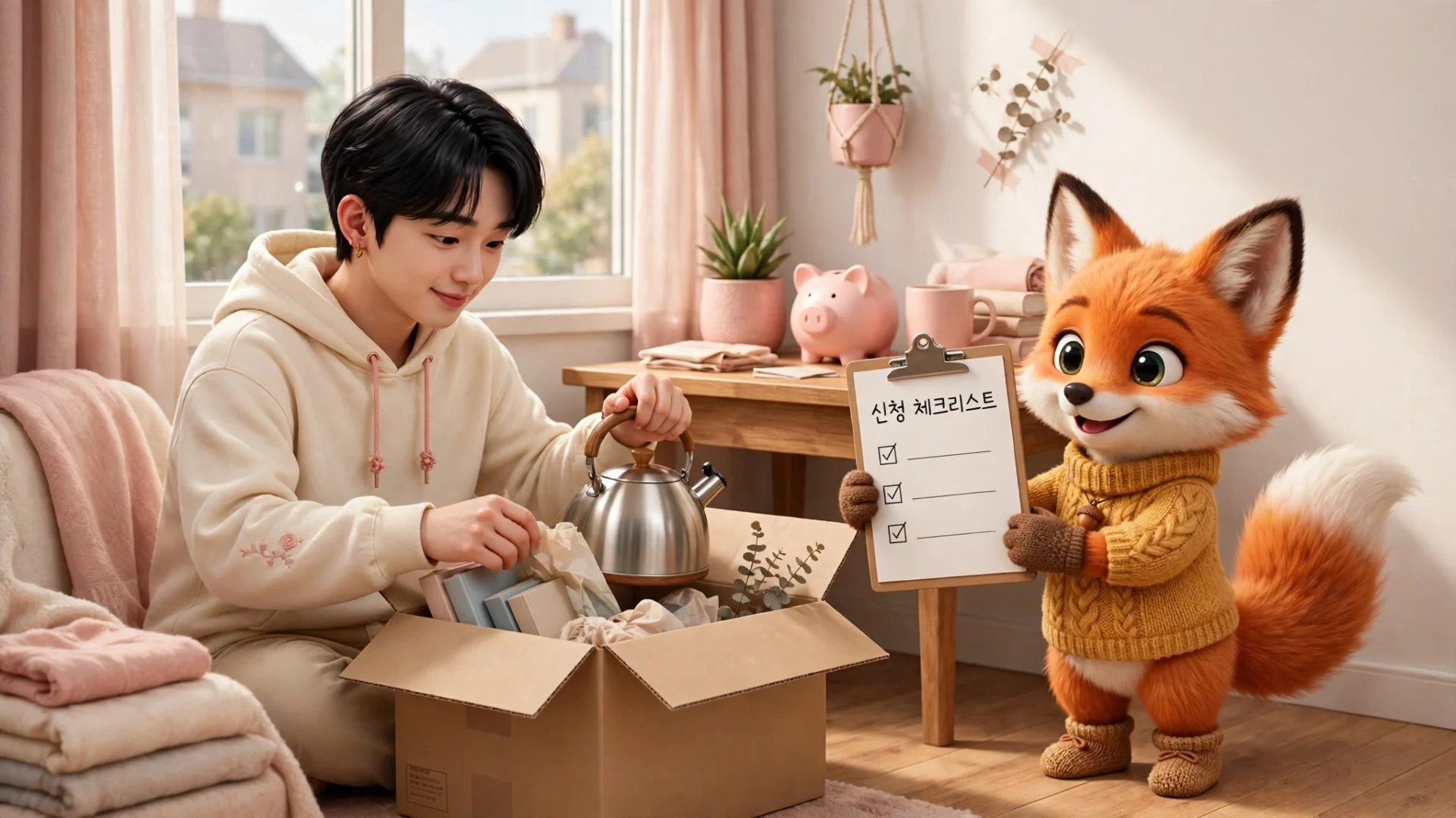 자립정착금 신청 체크리스트를 확인하며 첫 집을 준비하는 청년과 여우 캐릭터
