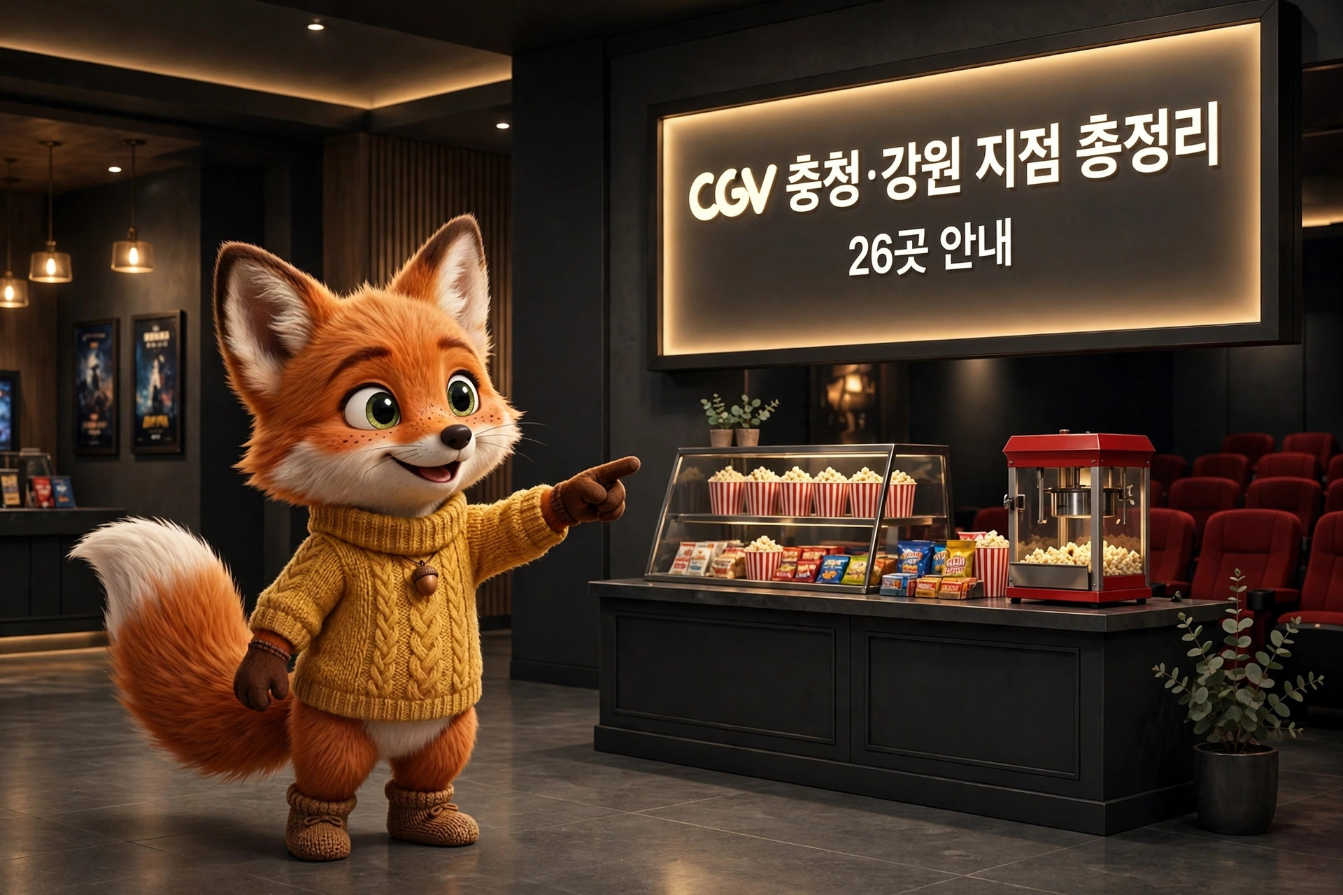 CGV 충청 및 강원 지점 총정리 페이지에 있는 귀여운 여우 캐릭터가 팝콘과 스낵이 진열된 매표소를 가리키고 있는 모습.