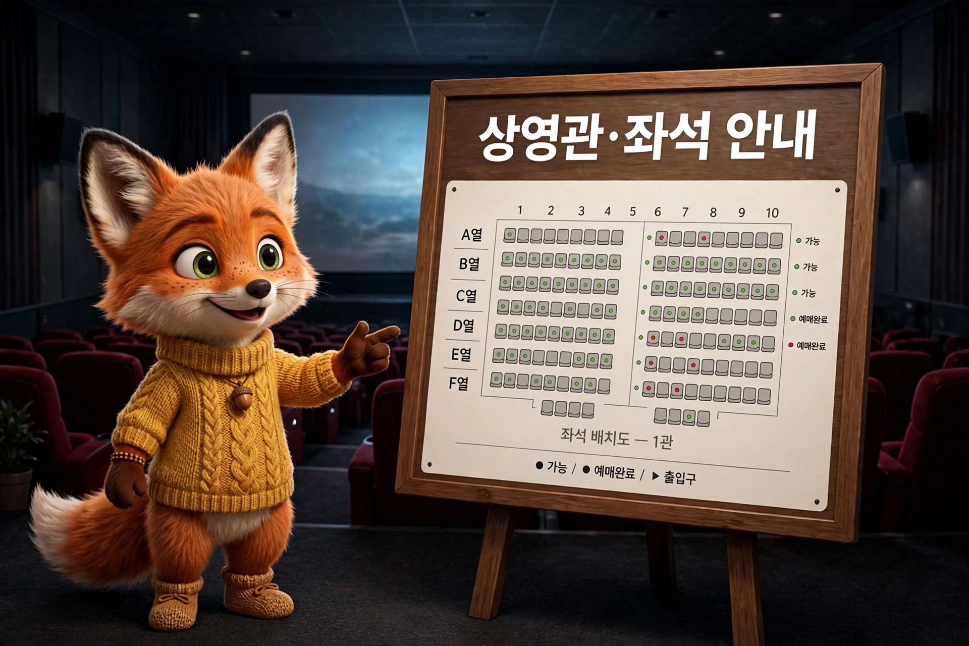 상영관 좌석 안내판을 가리키는 귀여운 여우 캐릭터, 영화관 내부 배경과 함께 좌석 배치도와 예약 상태 정보가 포함되어 있음.