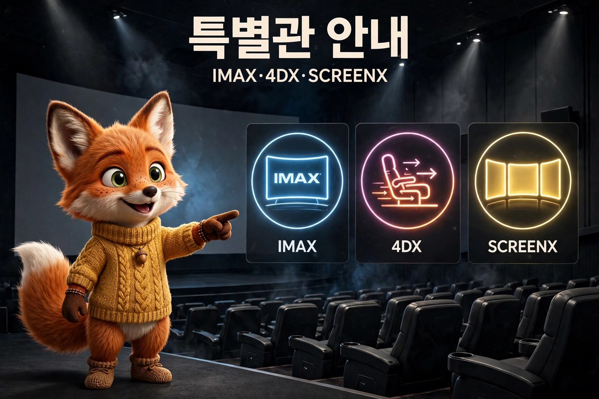 귀여운 여우 캐릭터가 IMAX, 4DX, SCREENX 영화관 경험을 소개하는 이미지로, 영화관 내부와 좌석이 배경에 보인다.