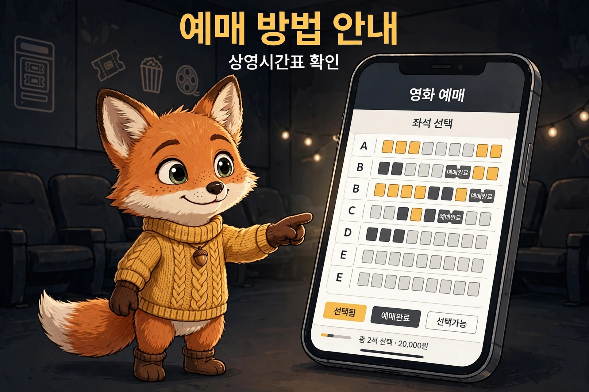 영화 예매 방법 안내를 보여주는 이미지로, 귀여운 여우 캐릭터가 스마트폰 화면을 가리키고 있으며, 화면에는 좌석 선택과 예매 정보가 표시되어 있다. 배경은 영화관 내부로 보인다.