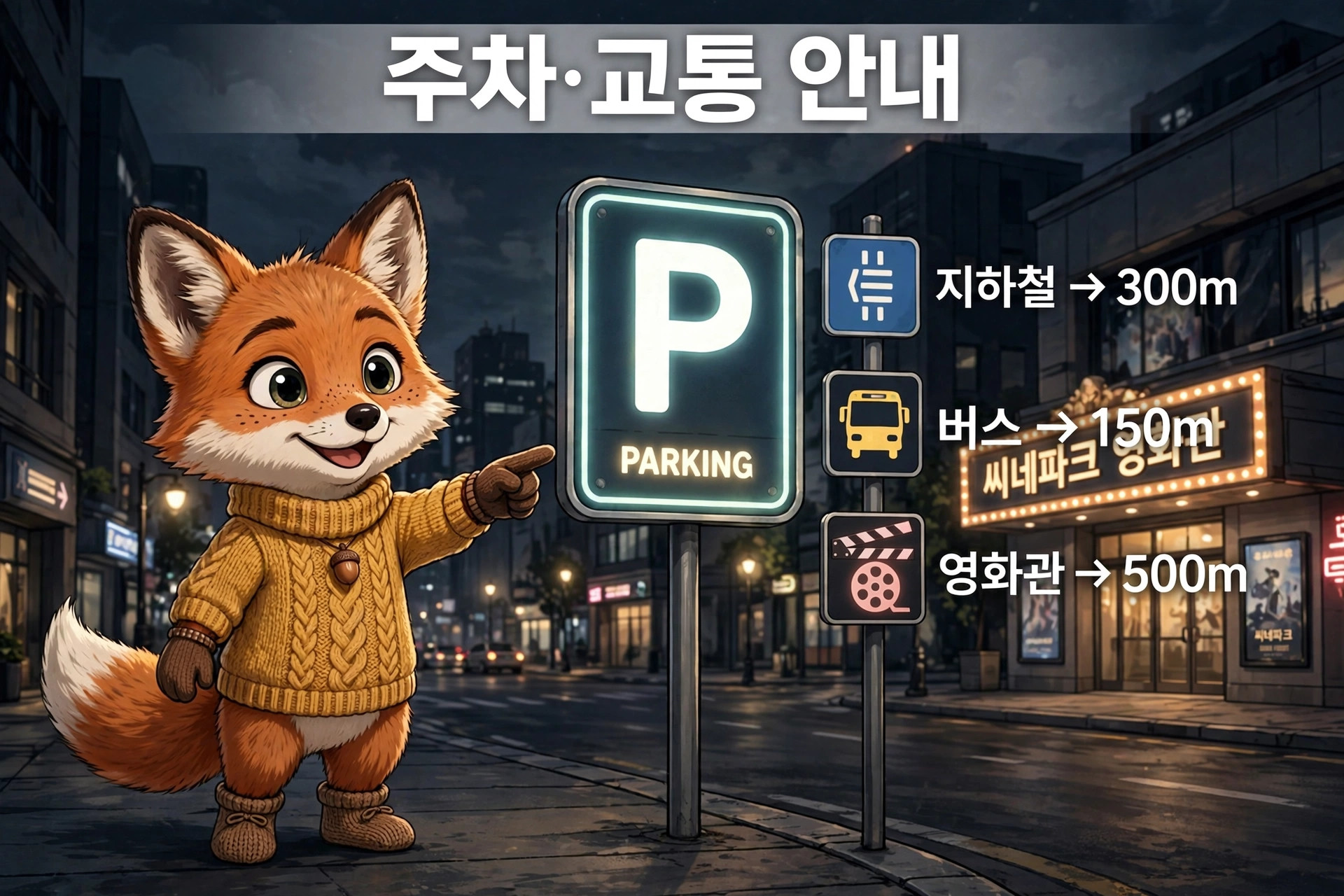 주차 및 교통 안내를 제공하는 귀여운 여우 캐릭터가 있는 이미지로, 주차장 표지판과 주변 교통 정보(지하철 300m, 버스 150m, 영화관 500m)를 포함하고 있습니다.