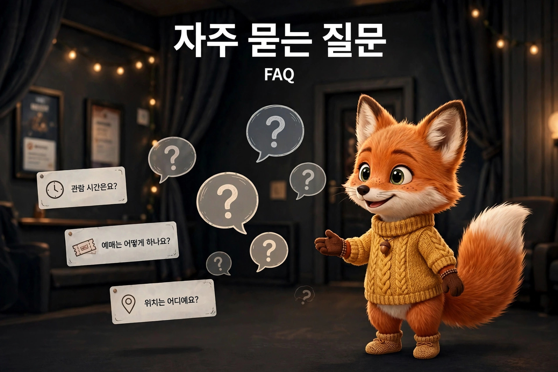 귀여운 캐릭터가 질문 아이콘과 함께 FAQ 섹션을 나타내는 이미지, 배경은 아늑한 실내 공간.