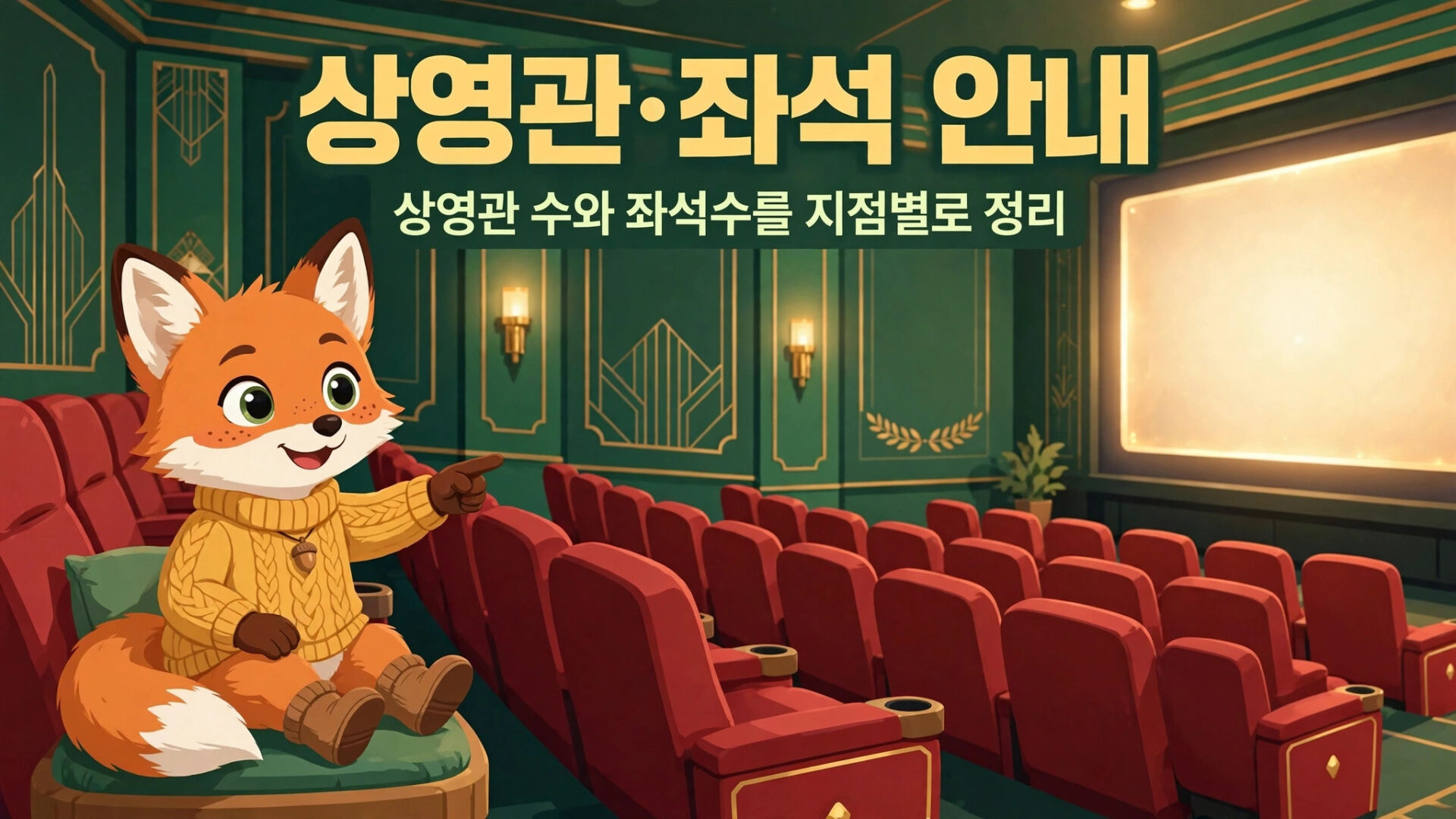 귀여운 여우 캐릭터가 영화관 의자에 앉아 손가락으로 가리키고 있는 모습. 배경은 고풍스러운 영화관 인테리어로, 빨간 의자와 녹색 벽면이 특징. "상영관·좌석 안내"라는 제목이 적혀 있어 관람 정보를 제공하는 이미지.