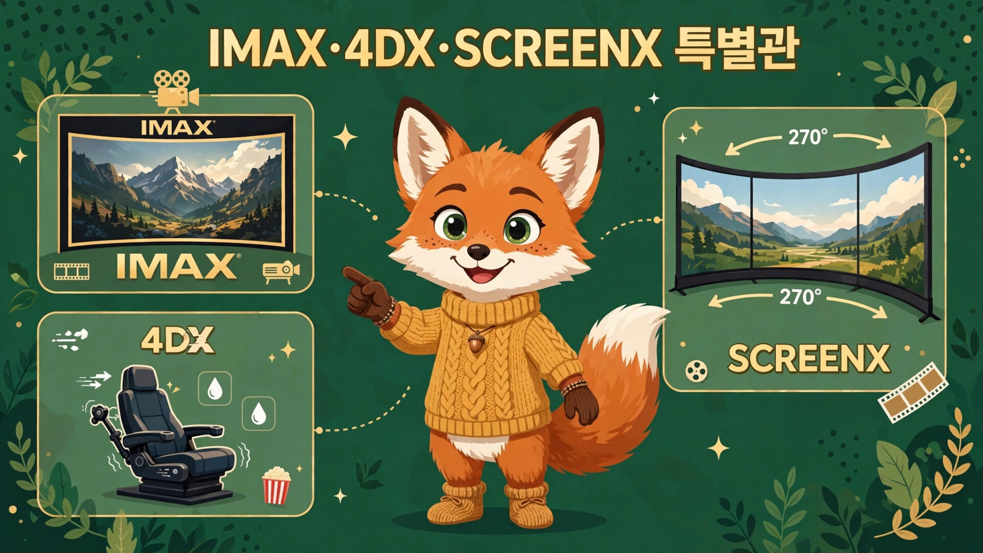 IMAX, 4DX, SCREENX의 특징을 설명하는 만화 스타일의 여우 캐릭터 이미지. IMAX는 대형 스크린을, 4DX는 움직이는 좌석과 효과를, SCREENX는 270도 확장된 화면을 보여줌.