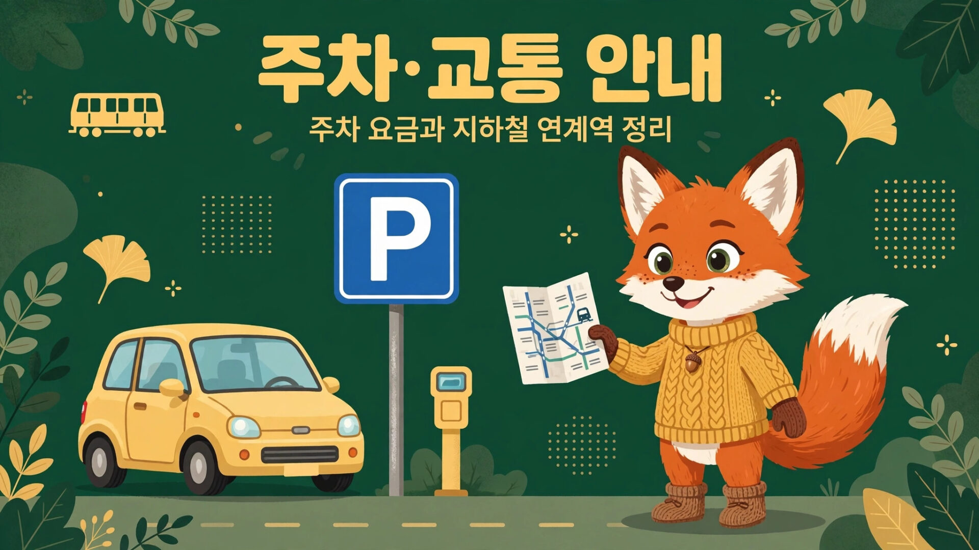 주차 안내 표지판과 주차 요금을 확인하는 캐릭터가 있는 이미지, 주차 관련 정보와 지하철 연계 안내를 제공하는 내용.
