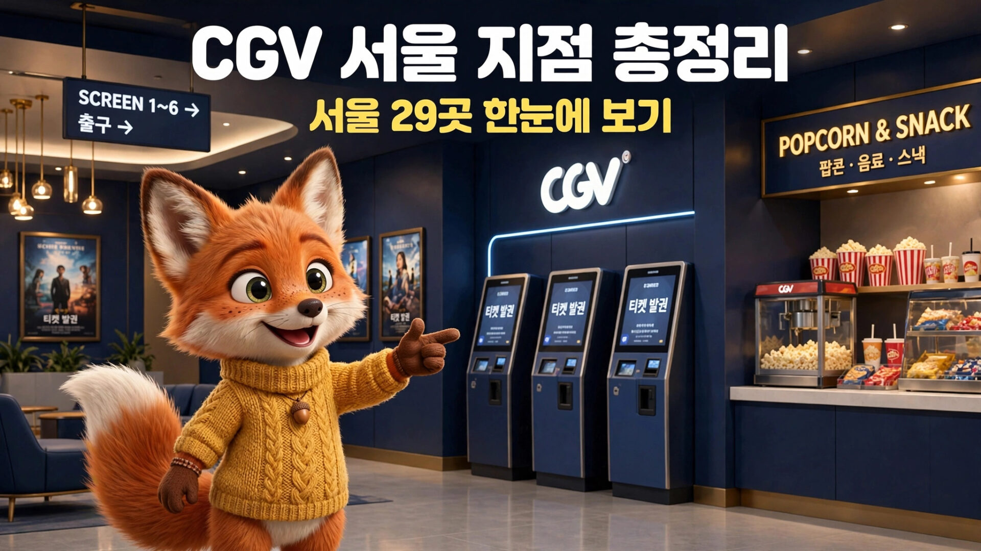 CGV 서울 지점 내부, 귀여운 여우 캐릭터가 티켓 발권기와 간식 코너를 가리키고 있는 모습. 서울 29곳 CGV 정보 제공.